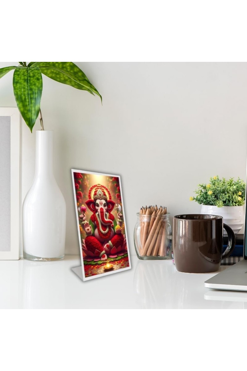 Car Desk/Table Top Lord Ganesha Acrylic L-Style Photo Stand - 5x7 Inches, Compact And Stylish Spiritual Display (F6657)