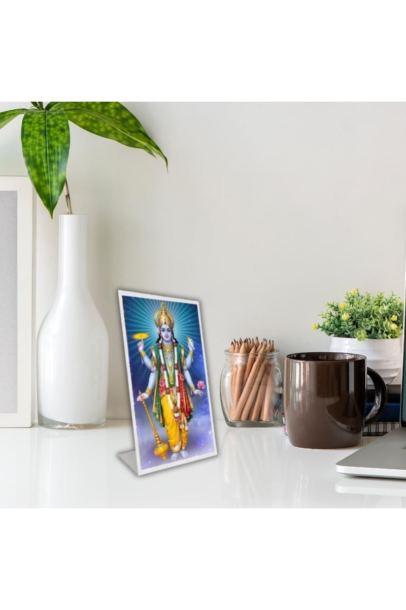 Car Desk/Table Top God Vishnu Acrylic L-Style Photo Stand - 2.5x3.5 Inches, Compact And Stylish Spiritual Display (F6736)