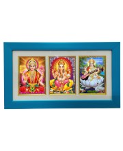 Hi tech Sales Dhan-laxmi, Ganesh, saraswati photo frame || synthetic photo Frame with Glass || Three Gods in Single Frame (Multicolor) for wall, living room, gifts, pooja (Skyblue)