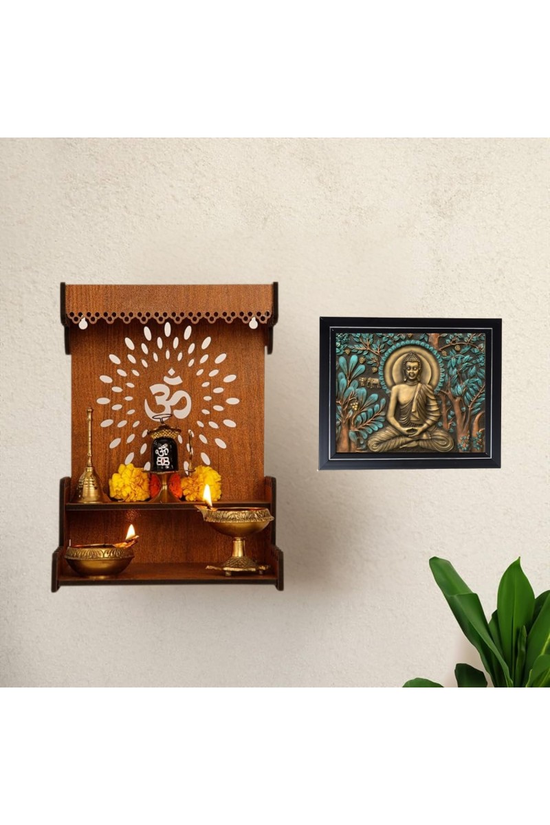 Hitech Sales Gautam Buddha Photo Frame for Pooja Room, Temple Decor, Home Decoration and Gift (Wall and Tabletop, Rectangular, Printed Photo, 12 x 14 inches Frame, Brown)