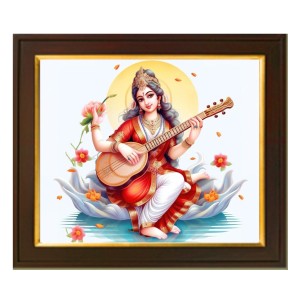 Hitech Sales Saraswati Mata Photo with Beautiful 12X10 in synthetic Wood Frame for Saraswati Pooja With Glass Tabletop Wallmount display for Home office decor Gift for all occations Hitech Sales Saraswati Mata Photo with Beautiful 12X10 in synthetic Wood Frame for Saraswati Pooja With Glass Tabletop Wallmount display for Home office decor Gift for all occations