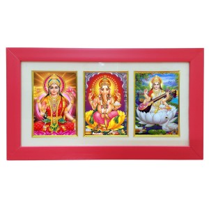 Hi tech Sales Dhan-laxmi, Ganesh, saraswati photo frame || synthetic photo Frame with Glass || Three Gods in Single Frame (Multicolor) for wall, living room, gifts, pooja