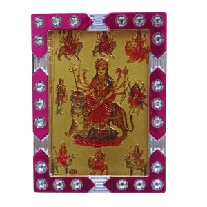 Hitech Sales Mini Decorative Maa Durga Photo Frame with Designing Border Religious Gift for Home, Office Décor and Card dasboard Small Temple Idol Frame for Worship (6 x 8 cm – 1 Pcs)