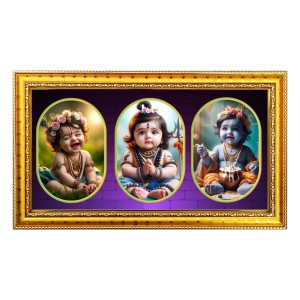 Baby Krishna Photo Frame - 8x14 Inch Brown Wooden Frame | Hindu Gods Wall Decor For Home & Office