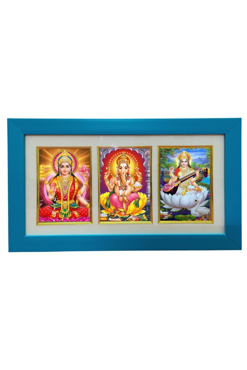 Hi tech Sales Dhan-laxmi, Ganesh, saraswati photo frame || synthetic photo Frame with Glass || Three Gods in Single Frame (Multicolor) for wall, living room, gifts, pooja