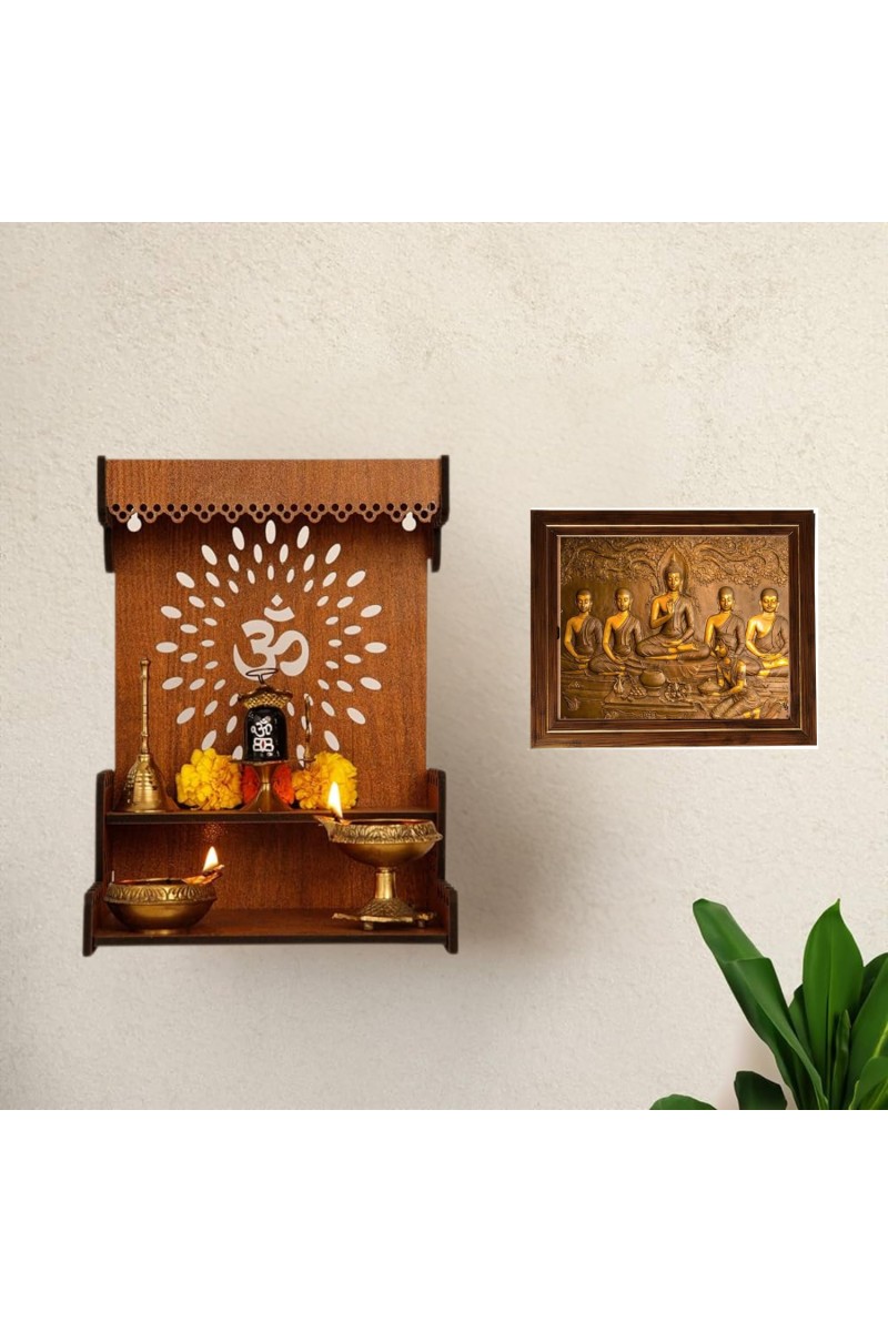 Hitech Sales Gautam Buddha With His Disciple Photo Frame for Pooja Room, Temple Decor, Home Decoration and Gift (Wall and Tabletop, Rectangular, Printed Photo, 12 x 14 inches Frame, Brown)