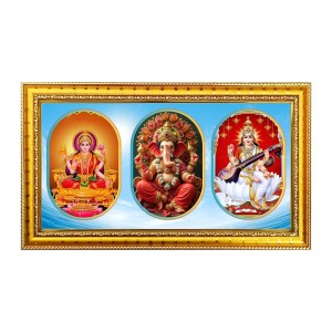 Maa Laxmi Ganesh, Saraswati Photo Frame - 8x14 Inch Brown Wooden Frame | Hindu Gods Wall Decor For Home & Office