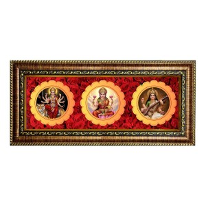 Maa, Durga, Laxmi, Saraswati Photo Frame - 8x14 Inch Brown Wooden Frame | Hindu Gods Wall Decor For Home & Office