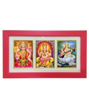 Hi tech Sales Dhan-laxmi, Ganesh, saraswati photo frame || synthetic photo Frame with Glass || Three Gods in Single Frame (Multicolor) for wall, living room, gifts, pooja (Red)