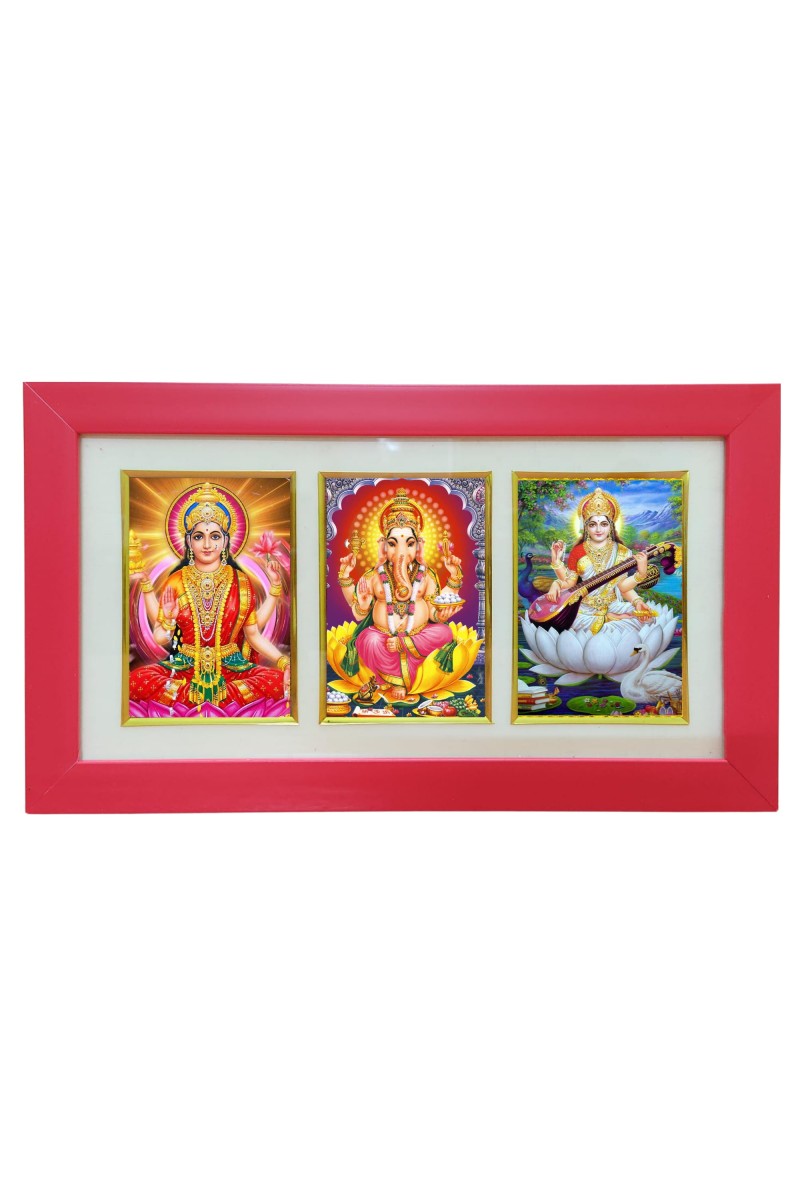 Hi tech Sales Dhan-laxmi, Ganesh, saraswati photo frame || synthetic photo Frame with Glass || Three Gods in Single Frame (Multicolor) for wall, living room, gifts, pooja (Red)