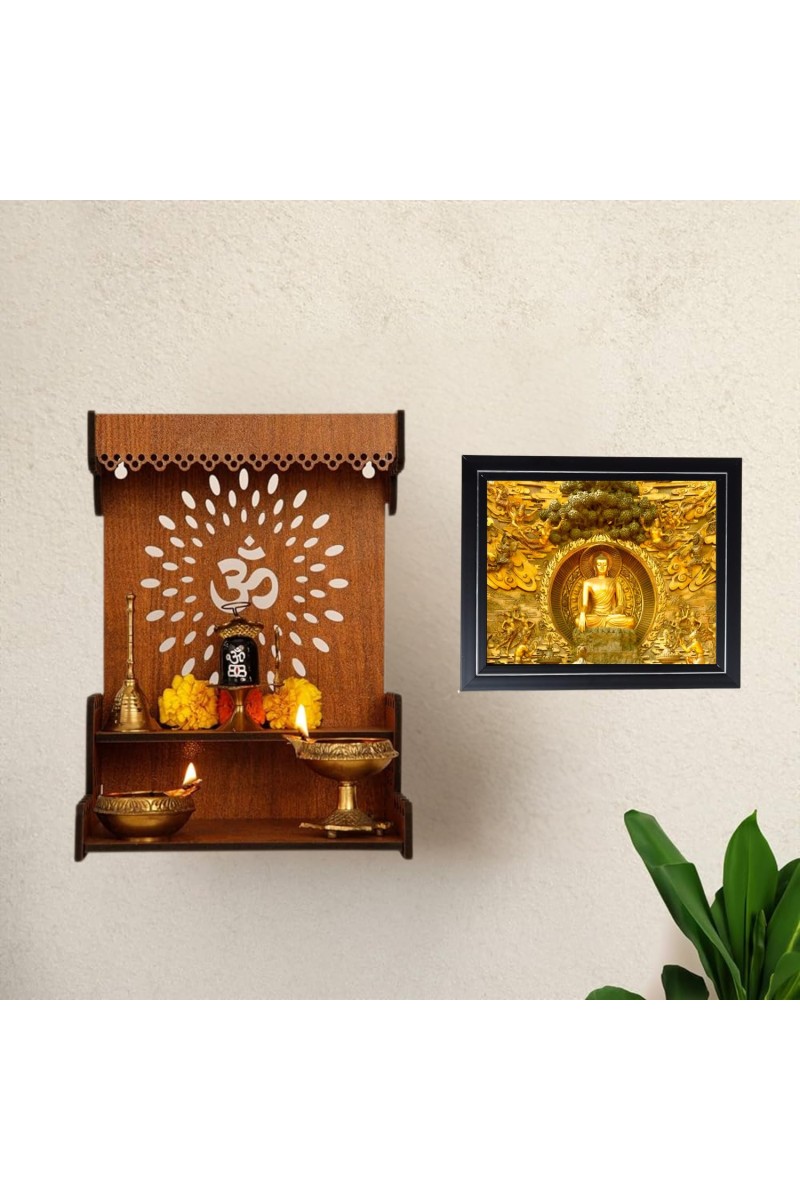 Hitech Sales Golden Buddha Wall Painting Photo Frame for Pooja Room, Temple Decor, Home Decoration and Gift (Wall and Tabletop, Rectangular, Printed Photo, 12 x 14 inches Frame, Brown)