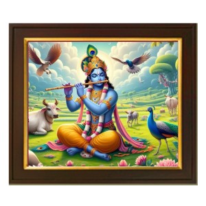 Hitech Sales Lord Krishna playing flute ai Photo with Beautiful 12X10 in synthetic Wood Frame With Glass Tabletop Wallmount display for Home office decor Gift for all occations Hitech Sales Lord Krishna playing flute ai Photo with Beautiful 12X10 in synthetic Wood Frame With Glass Tabletop Wallmount display for Home office decor Gift for all occations