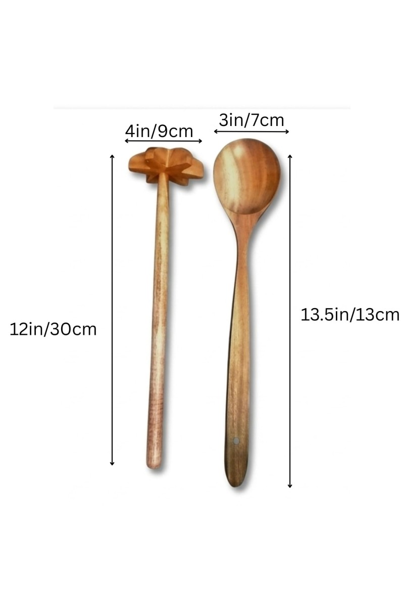 Wooden Dal Ghotni and Cooking Spoon – Natural Wood for Dal Mixing & Long Handle Serving Spoon – Traditional Indian Kitchen Utensils