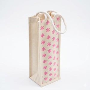 Eco-Friendly Jute Bottle Bag with Rope Handle – Reusable Burlap Wine Gift Bag for Champagne, Water & Beverage Bottles – Pink Floral Print (Pink Small flowers)