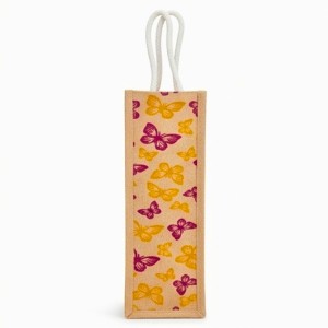 Jute Fabric Bottle Holder Bag | Printed Reusable Gift Bag with Sturdy Rope Handles | Lightweight & Durable Design