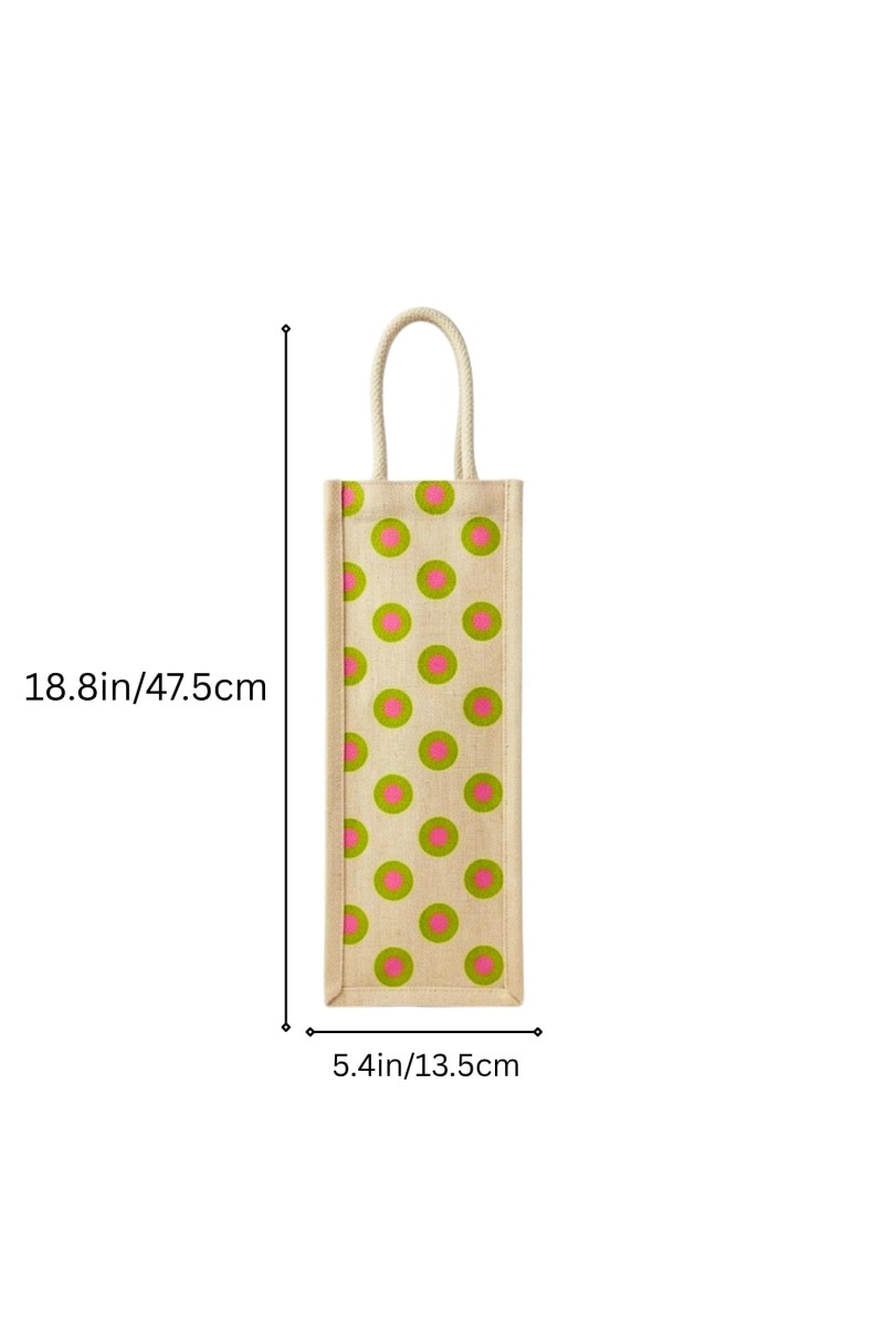 Jute Fabric Bottle Holder Bag | Printed Reusable Jute Wine Bottle with Polka Dot Print Gift Bag with Sturdy Rope Handles | Lightweight & Durable Design (Polka dot print)