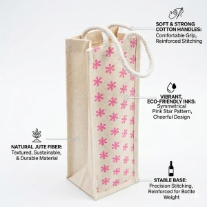 Eco-Friendly Jute Bottle Bag with Rope Handle – Reusable Burlap Wine Gift Bag for Champagne, Water & Beverage Bottles – Pink Floral Print (Pink Small flowers)