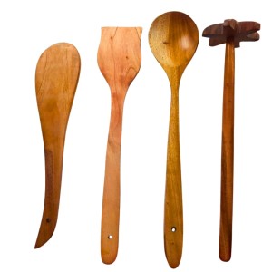 Wooden Cooking Spoons Set of 4 | Handmade Kitchen Utensils for Cooking & Serving | Natural Wood Spatula, Turner, Masher & Serving Spoon for Non-Stick Cookware