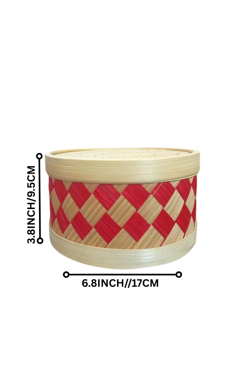 Handmade Storage Box with Lid | Traditional Woven Bamboo Container for Kitchen, Home Décor, Dry Snacks, jewleery Sweets, & Gifts | Eco-Friendly Round Bamboo Box (3.8/6.8)