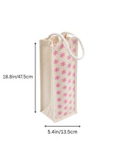 Eco-Friendly Jute Bottle Bag with Rope Handle – Reusable Burlap Wine Gift Bag for Champagne, Water & Beverage Bottles – Pink Floral Print (Pink Small flowers)