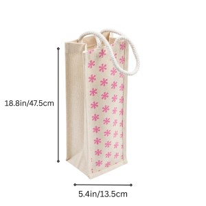 Eco-Friendly Jute Bottle Bag with Rope Handle – Reusable Burlap Wine Gift Bag for Champagne, Water & Beverage Bottles – Pink Floral Print (Pink Small flowers)