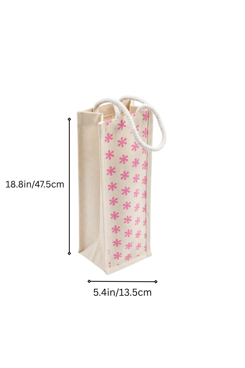 Eco-Friendly Jute Bottle Bag with Rope Handle – Reusable Burlap Wine Gift Bag for Champagne, Water & Beverage Bottles – Pink Floral Print (Pink Small flowers)