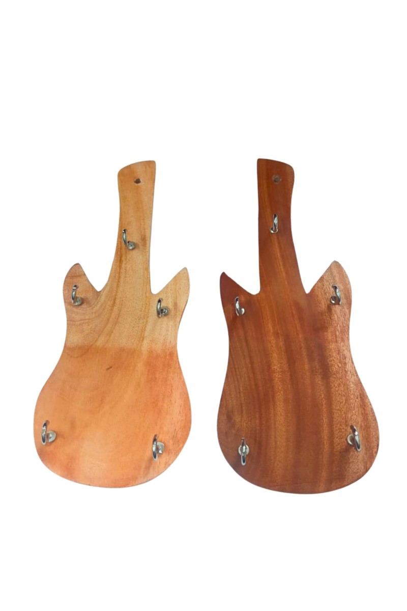 Wooden Guitar Shape Wall Key Holder with 5 Metal Hooks Set of 2 | Decorative Key Stand for Home, Office & Gift Use