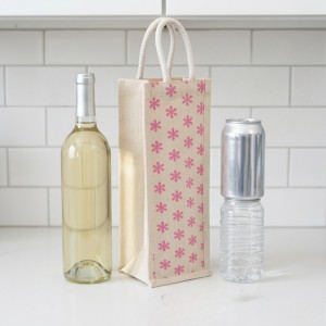 Eco-Friendly Jute Bottle Bag with Rope Handle – Reusable Burlap Wine Gift Bag for Champagne, Water & Beverage Bottles – Pink Floral Print (Pink Small flowers)