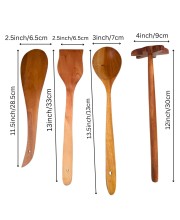Wooden Cooking Spoons Set of 4 | Handmade Kitchen Utensils for Cooking & Serving | Natural Wood Spatula, Turner, Masher & Serving Spoon for Non-Stick Cookware