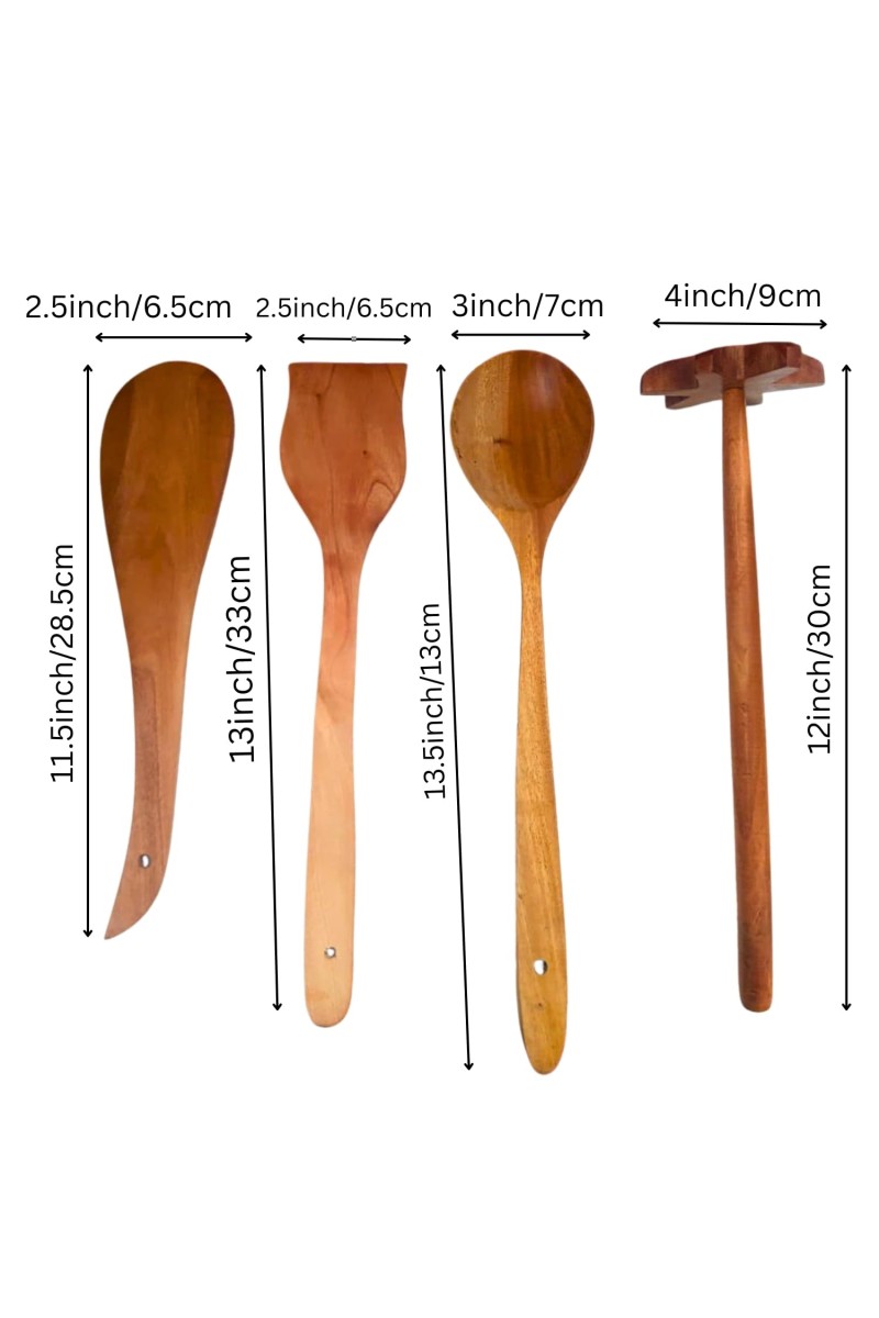 Wooden Cooking Spoons Set of 4 | Handmade Kitchen Utensils for Cooking & Serving | Natural Wood Spatula, Turner, Masher & Serving Spoon for Non-Stick Cookware