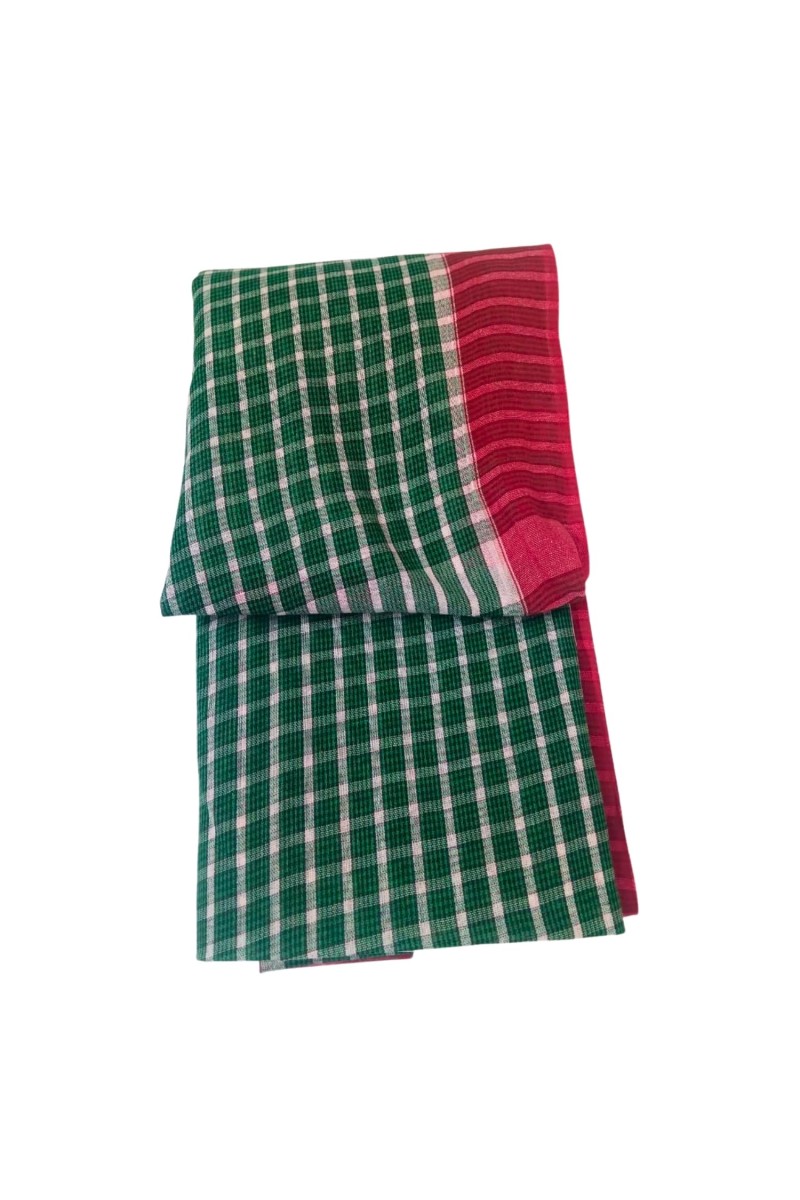 Traditional Cotton Gamcha Checkered Design – Green & White with Red Border | Multipurpose Handloom Towel, Absorbent Bath & Face Cloth.