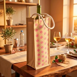 Eco-Friendly Jute Bottle Bag with Rope Handle – Reusable Burlap Wine Gift Bag for Champagne, Water & Beverage Bottles – Pink Floral Print (Pink Small flowers)