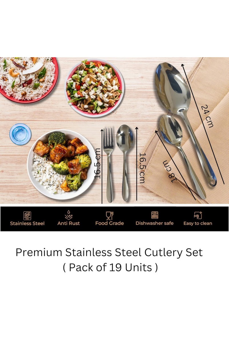 Hitech Sales Stainless Steel Spoons Set of 19, 6N Dessert Spoon + 6N Spoon + 6N Fork + 1N Serving Spoon 9 Premium Spoons for Home & Kitchen, Luxury Dinning Tableware Gift for House Warming