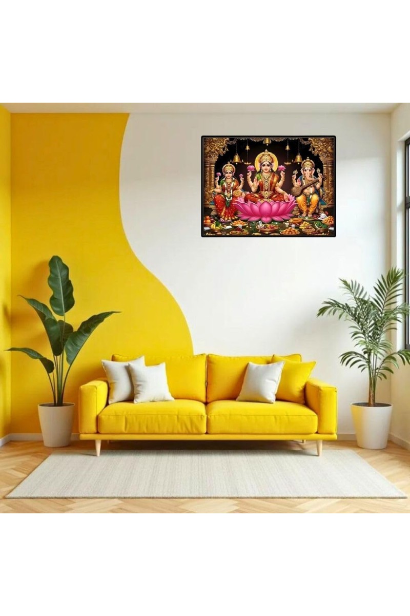 Lord Ganesha Maa Laxmi Sarswati Laminated Photo - 7x9 Inches, Divine Blessings For Home & Office And Temple Decoration (F16135)