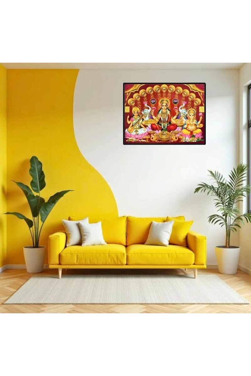 Lord Ganesha Maa Laxmi Sarswati Laminated Photo - 7x9 Inches, Divine Blessings For Home & Office And Temple Decoration (F16136)