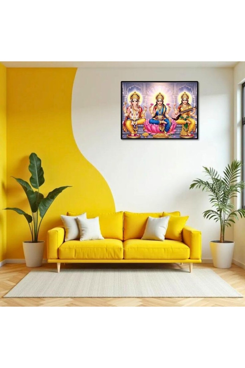 Lord Ganesha Maa Laxmi Sarswati Laminated Photo - 7x9 Inches, Divine Blessings For Home & Office And Temple Decoration (F16142)