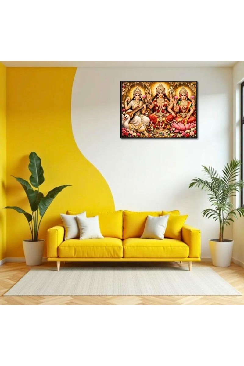 Lord Ganesha Maa Laxmi Sarswati Laminated Photo - 7x9 Inches, Divine Blessings For Home & Office And Temple Decoration (F16137)