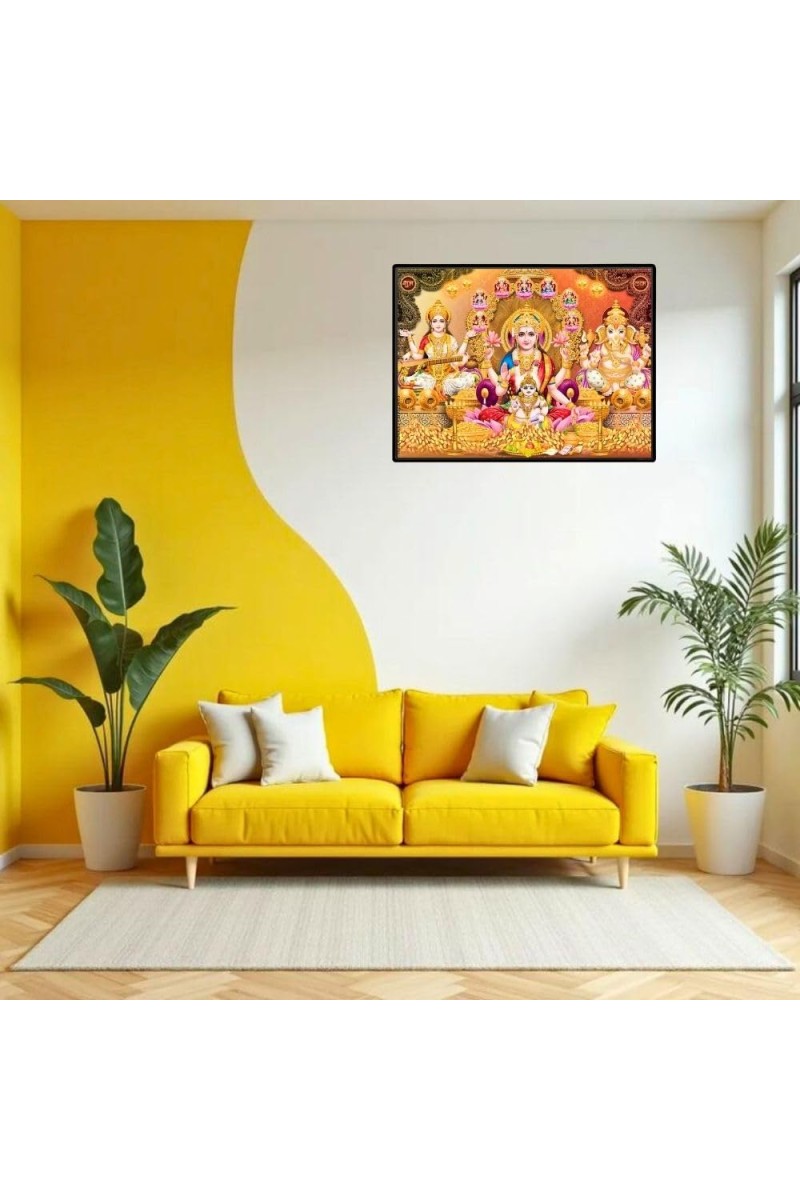 Lord Ganesha Maa Laxmi Sarswati Laminated Photo - 7x9 Inches, Divine Blessings For Home & Office And Temple Decoration (F16134)