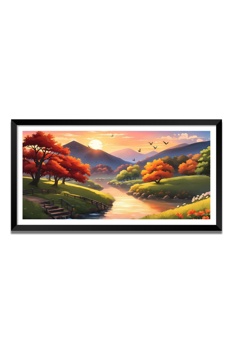 Nature Landscape Floating Frame Scenery Digital Print - (I5614) - 24x48 inch Modern Nature Wall Art for Living Room, Bedroom, Office, Hotels, Drawing Room