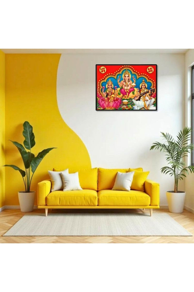 Lord Ganesha Maa Laxmi Sarswati Laminated Photo - 7x9 Inches, Divine Blessings For Home & Office And Temple Decoration (F16138)