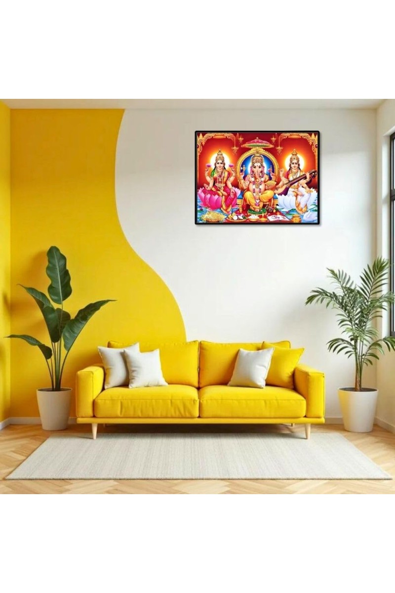 Lord Ganesha Maa Laxmi Sarswati Laminated Photo - 11x13 Inches, Divine Blessings For Home & Office And Temple Decoration (F16132)