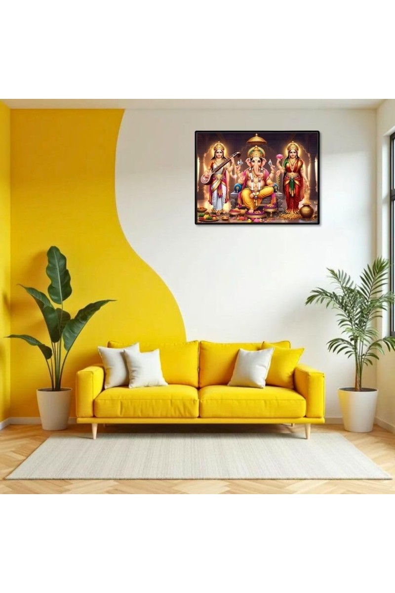 Lord Ganesha Maa Laxmi Sarswati Laminated Photo - 9x11 Inches, Divine Blessings For Home & Office And Temple Decoration (F16143)