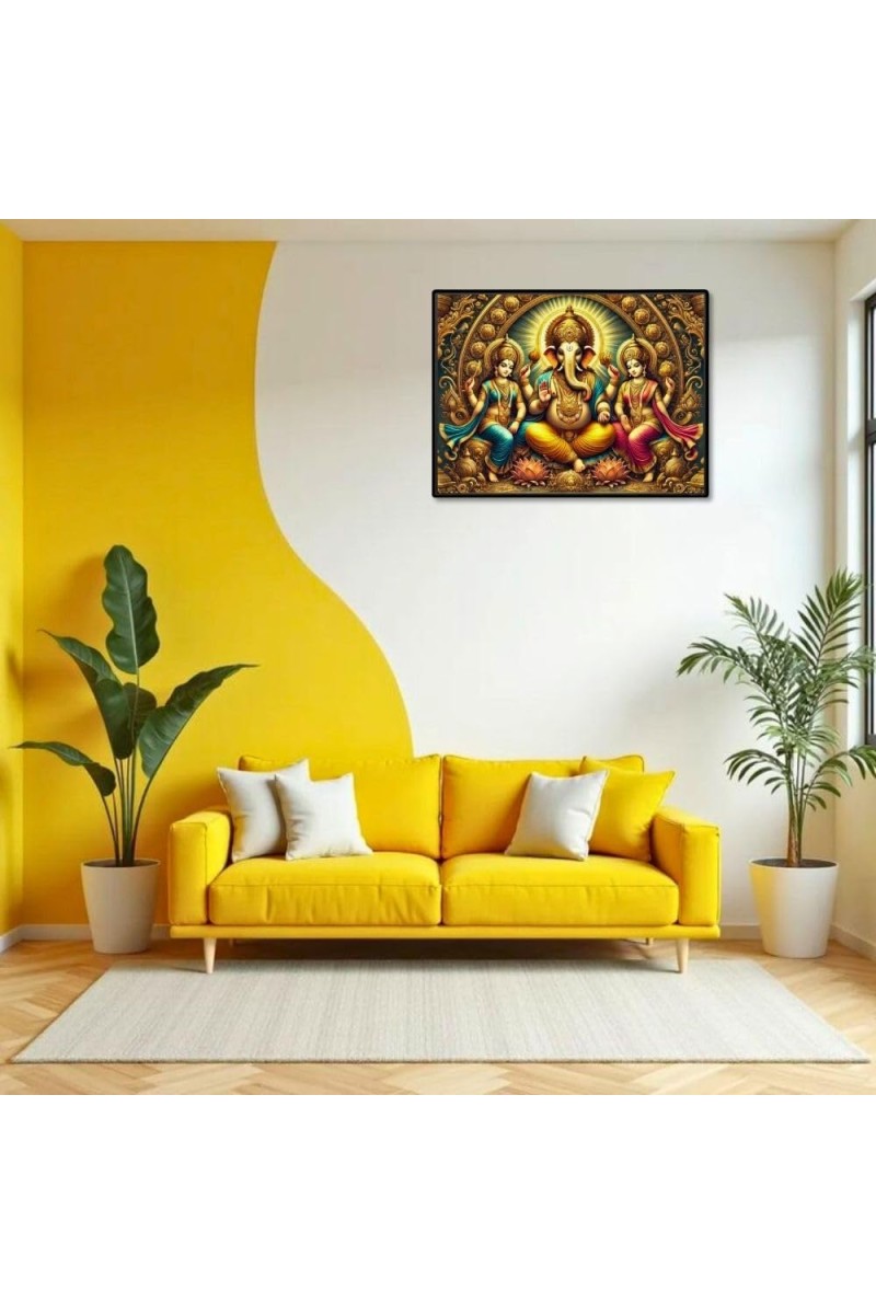 Lord Ganesha Maa Laxmi Sarswati Laminated Photo - 7x9 Inches, Divine Blessings For Home & Office And Temple Decoration (F16129)