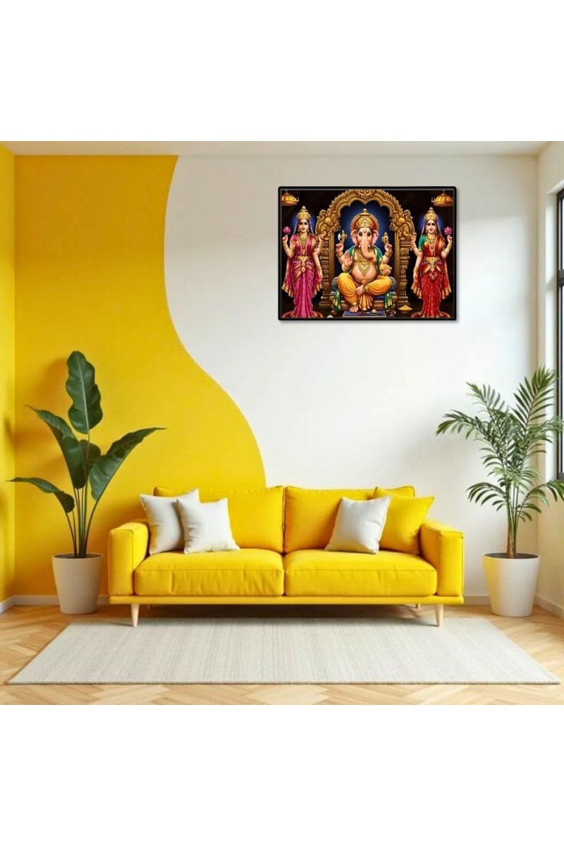 Lord Ganesha Maa Laxmi Sarswati Laminated Photo - 7x9 Inches, Divine Blessings For Home & Office And Temple Decoration (F16139)