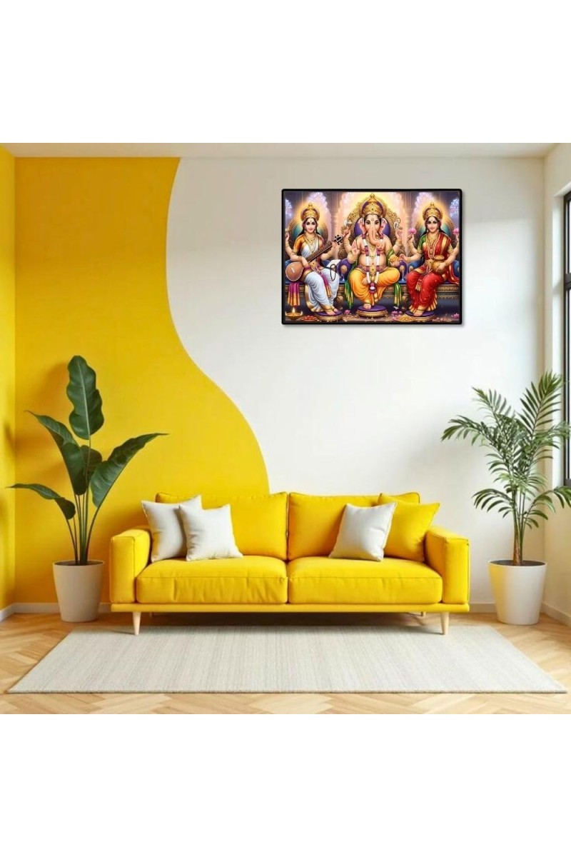 Lord Ganesha Maa Laxmi Sarswati Laminated Photo - 9x11 Inches, Divine Blessings For Home & Office And Temple Decoration (F16145)