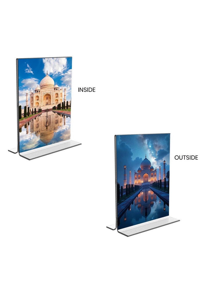 Taj Mahal Acrylic T-Style Photo Stand - 5x7 Inches, Compact and Stylish Spiritual Display, easily change 2 photos (Pack of 1)