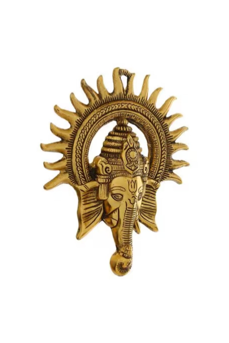 HiTechmart Brass Lord Ganesha Wall Hanging – Antique Finish Ganpati Face Sculpture with Sun Halo Design for Home Temple Decor, Office Entrance, Vastu & Spiritual Gifts – Handcrafted Indian Art