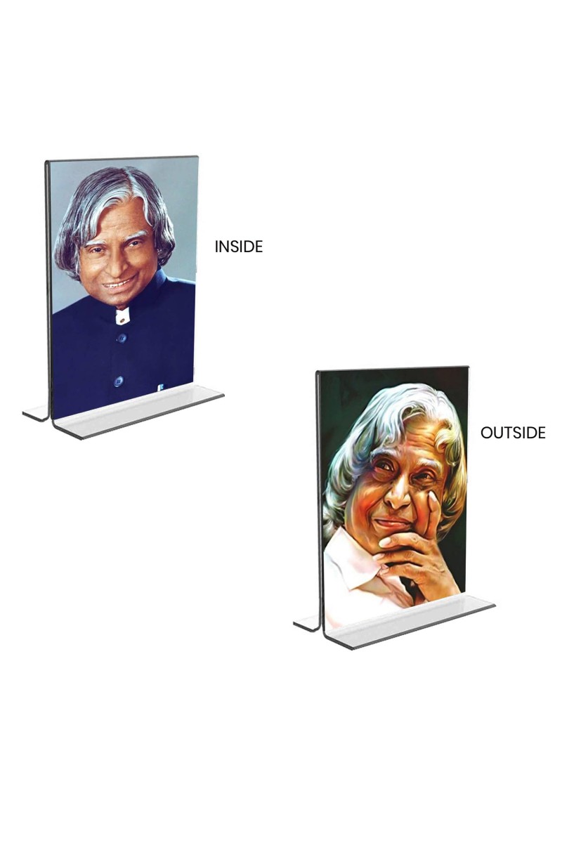 APJ Abdul Kalam Acrylic T-Style Table Desk Both Side Photo Stand - 7x9 Inches, Compact and Stylish Spiritual Display, Easy to change 2 photos (Pack of 1)