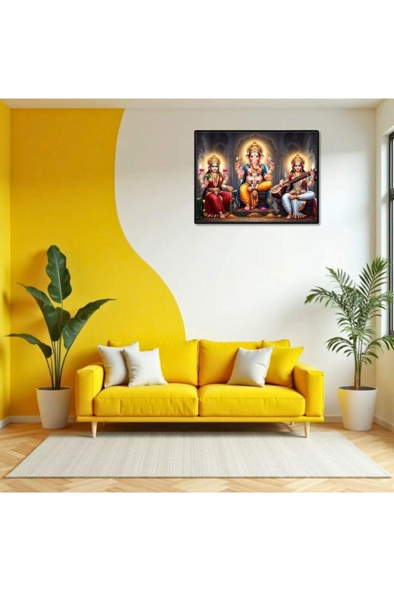 Lord Ganesha Maa Laxmi Sarswati Laminated Photo - 9x11 Inches, Divine Blessings For Home & Office And Temple Decoration (F16146)