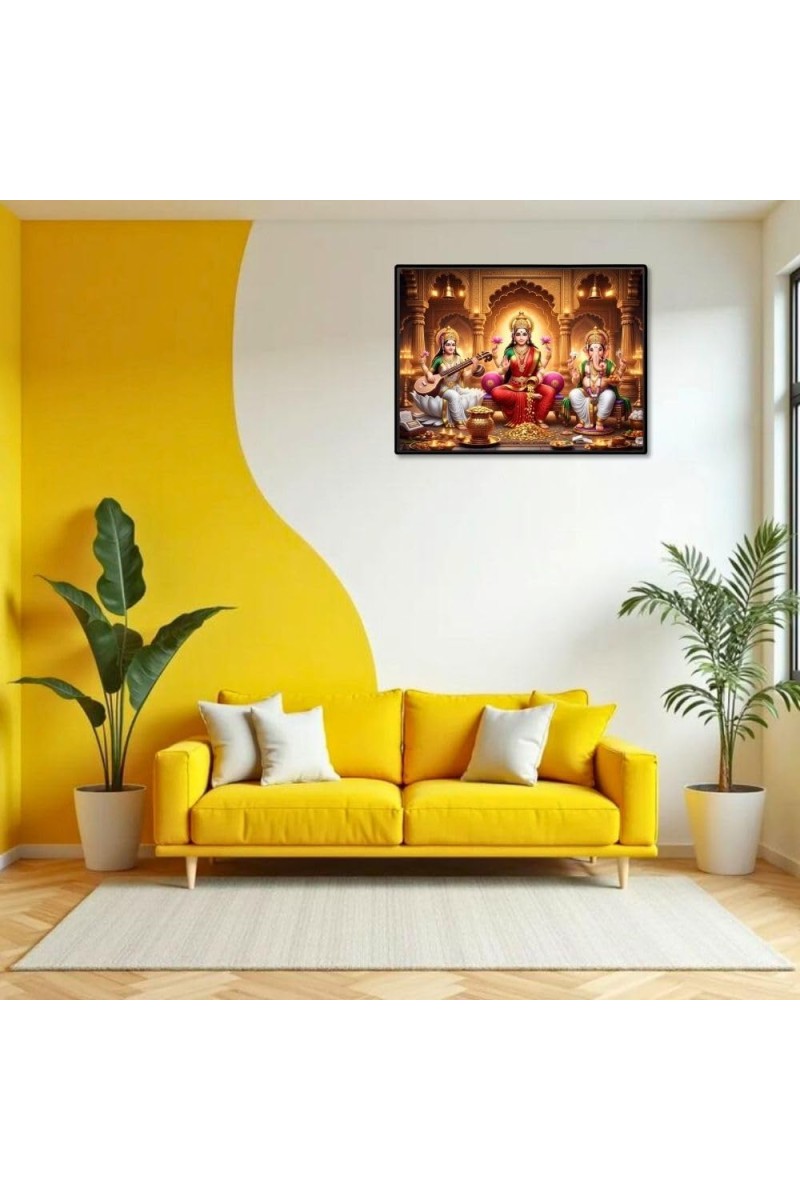 Lord Ganesha Maa Laxmi Sarswati Laminated Photo - 9x11 Inches, Divine Blessings For Home & Office And Temple Decoration (F16107)